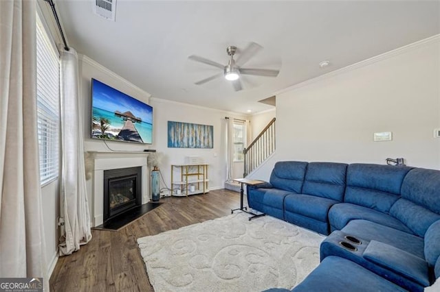 living area with a glass covered fireplace, ceiling fan, wood finished floors, stairs, and crown molding