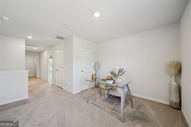 home office featuring recessed lighting, carpet, attic access, and baseboards