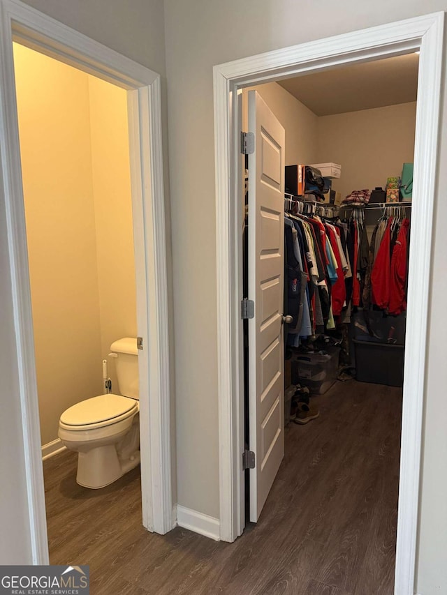 interior space with toilet, a spacious closet, baseboards, and wood finished floors