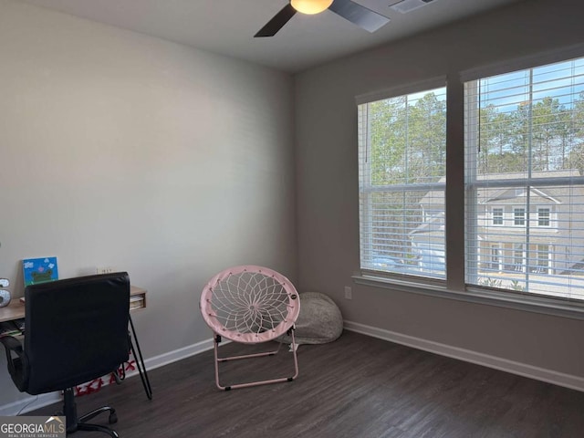 office with ceiling fan, wood finished floors, and baseboards