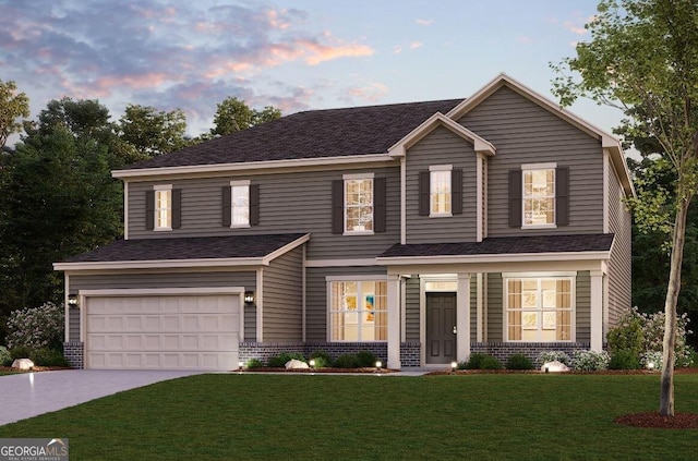 traditional-style home featuring a garage, brick siding, concrete driveway, roof with shingles, and a front yard