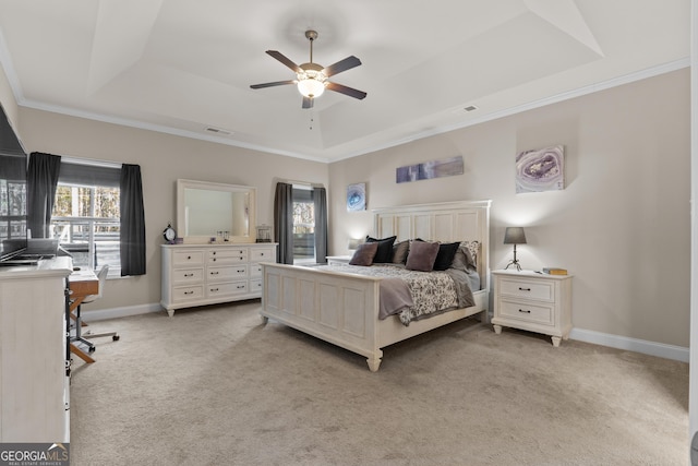 bedroom with baseboards, a raised ceiling, and light colored carpet