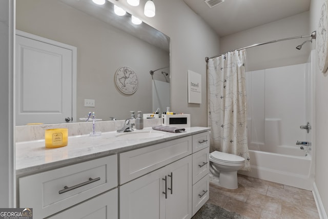 bathroom with visible vents, vanity, toilet, and shower / bathtub combination with curtain