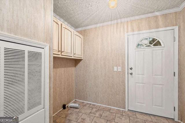 washroom featuring a heating unit, crown molding, a textured ceiling, and light tile patterned floors