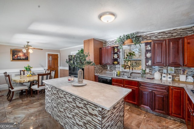 kitchen with a sink, black dishwasher, wainscoting, open shelves, and crown molding