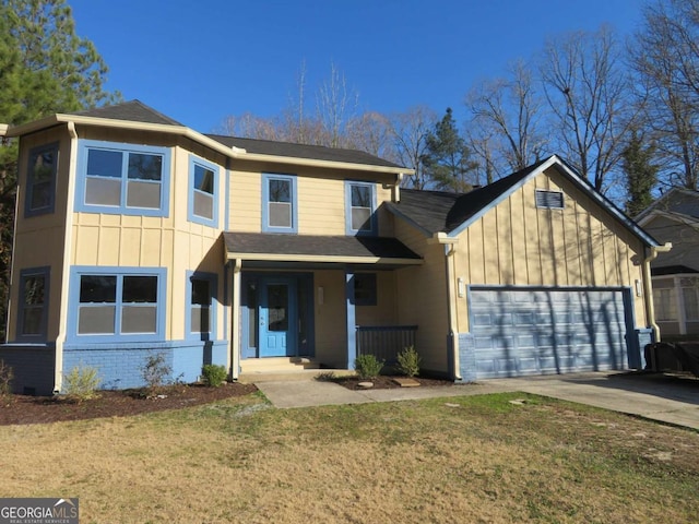 view of front facade featuring concrete driveway, brick siding, board and batten siding, and an attached garage