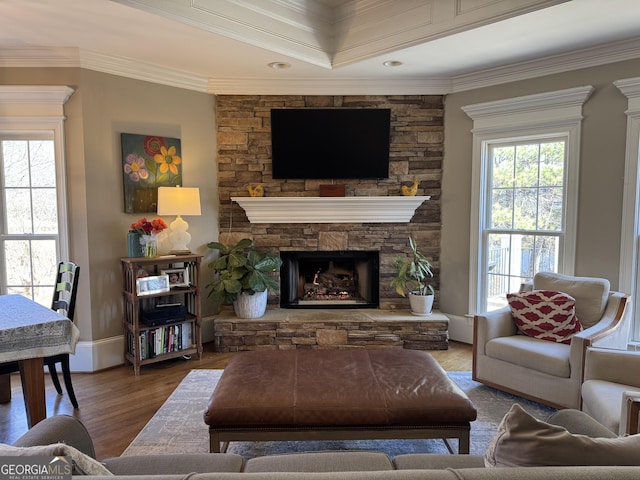 living area featuring crown molding, a fireplace, wood finished floors, and a healthy amount of sunlight