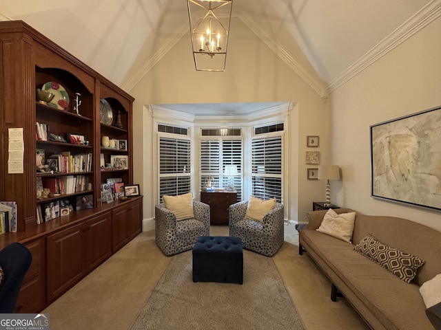 sitting room with light carpet, high vaulted ceiling, an inviting chandelier, and crown molding