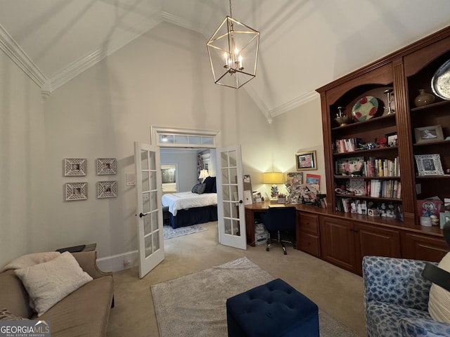 office featuring a chandelier, high vaulted ceiling, light colored carpet, french doors, and crown molding