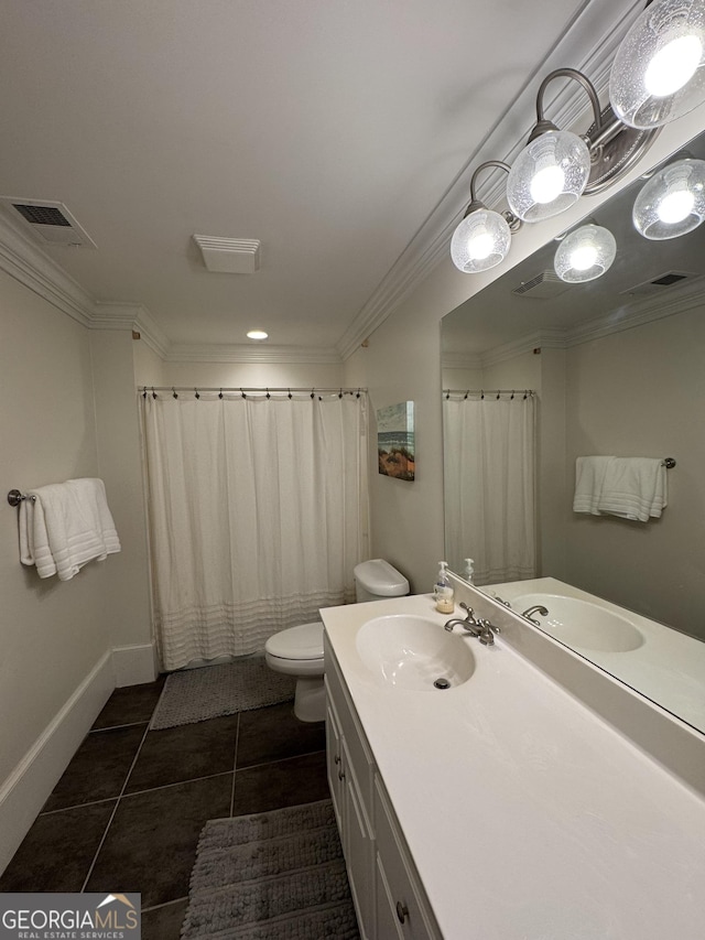 bathroom with toilet, tile patterned flooring, visible vents, and ornamental molding