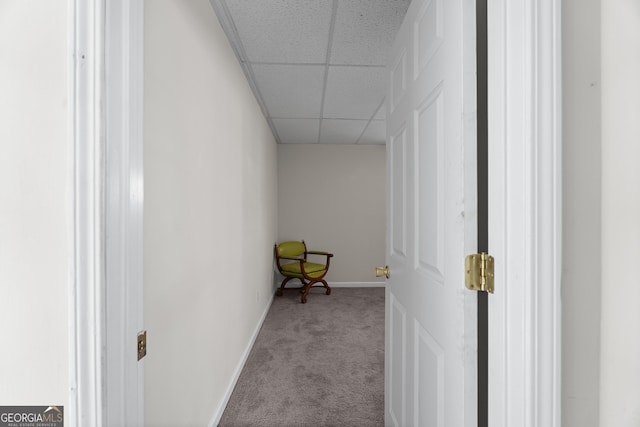 hall featuring carpet, a paneled ceiling, and baseboards