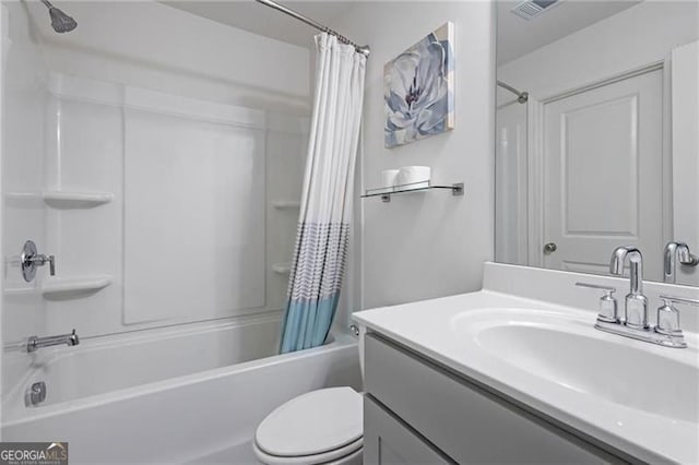 full bath featuring visible vents, toilet, shower / bathtub combination with curtain, and vanity