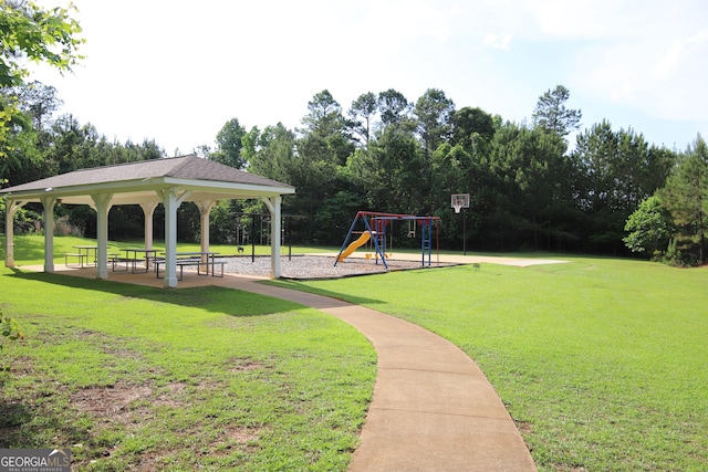 community play area with a lawn and a gazebo