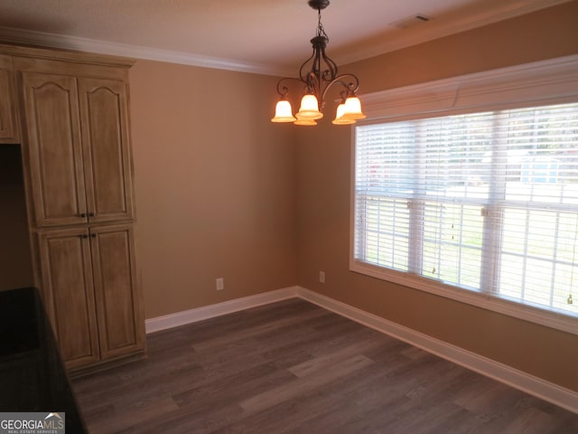 2026 Pin Oak Ter, Bonaire, GA 31005 - unfurnished dining area with dark wood-style floors, a chandelier, baseboards, and ornamental molding