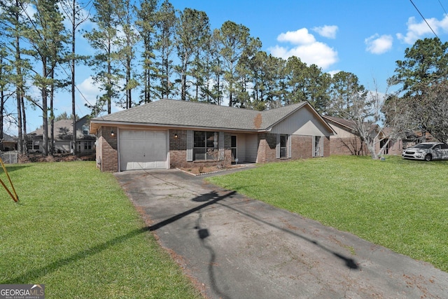 ranch-style house with a garage, driveway, a front lawn, and brick siding