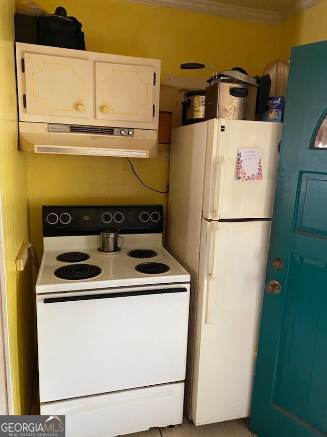 154 Buckhalter Rd, Savannah, GA 31405 - kitchen with white appliances, extractor fan, white cabinetry, and crown molding