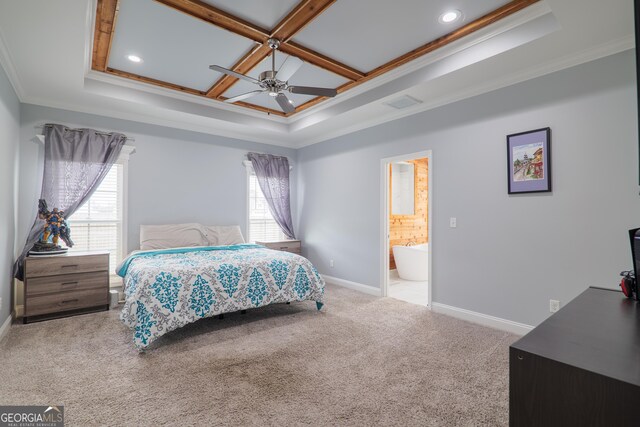 carpeted bedroom with crown molding, visible vents, connected bathroom, coffered ceiling, and baseboards