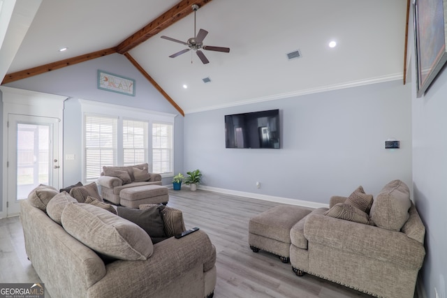 living room with baseboards, light wood-style flooring, ceiling fan, high vaulted ceiling, and beam ceiling