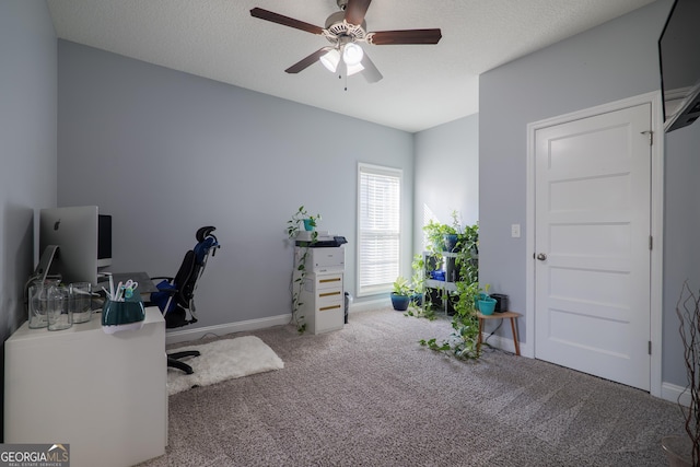 office area featuring ceiling fan, a textured ceiling, carpet flooring, and baseboards