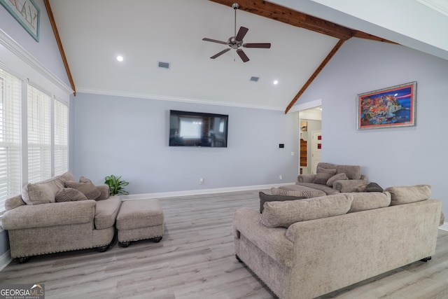 living room featuring beam ceiling, visible vents, ornamental molding, wood finished floors, and baseboards