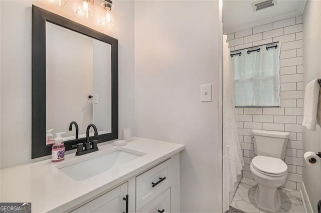125 Warren St, Atlanta, GA 30317 - bathroom featuring toilet, a shower with shower curtain, vanity, visible vents, and marble finish floor