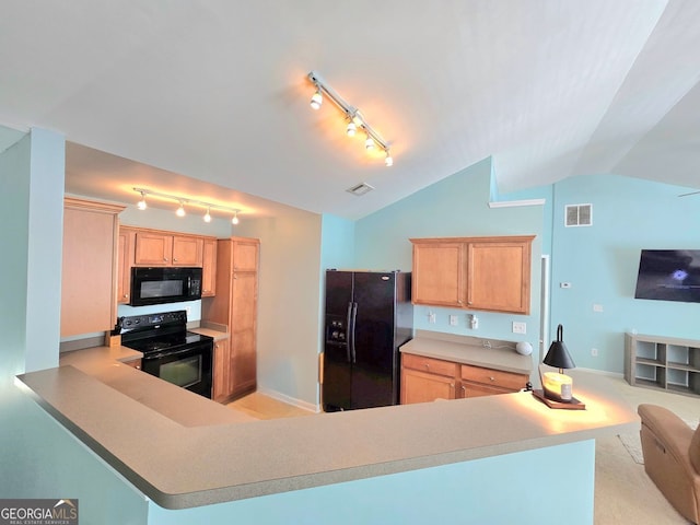 carpeted dining room featuring baseboards, visible vents, vaulted ceiling, and ceiling fan with notable chandelier