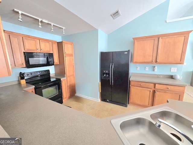 kitchen featuring lofted ceiling, light carpet, visible vents, brown cabinets, and black refrigerator with ice dispenser