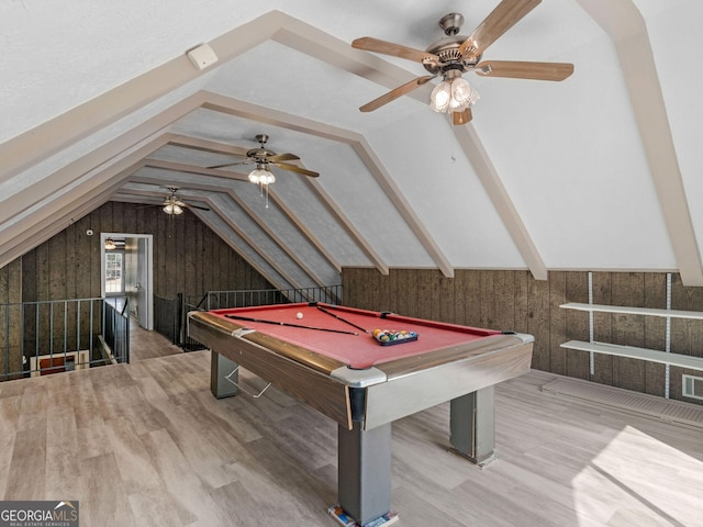 recreation room with vaulted ceiling with beams, billiards, and wood finished floors