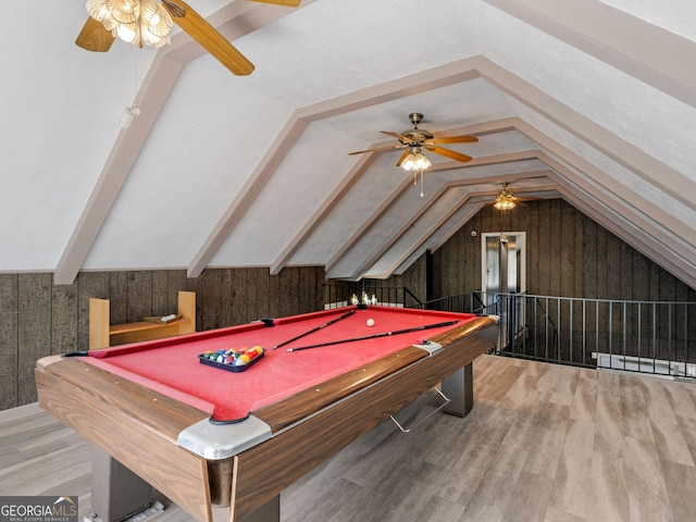 playroom with lofted ceiling, wood finished floors, and pool table