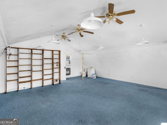 interior space featuring lofted ceiling, heating unit, baseboards, and carpet floors