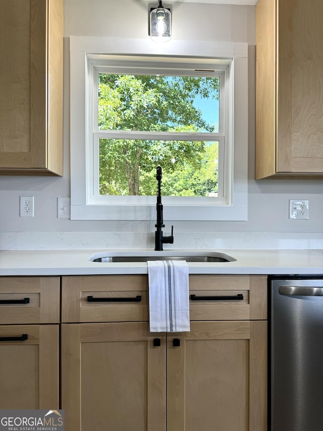 kitchen with a wealth of natural light, light countertops, a sink, and stainless steel dishwasher