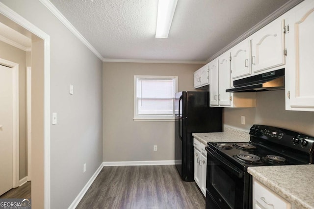 kitchen featuring black appliances, under cabinet range hood, white cabinets, and dark wood finished floors