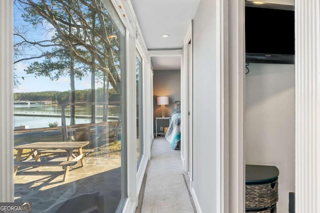 corridor with a water view and carpet flooring