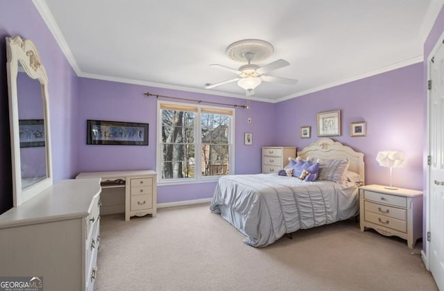 bedroom with light carpet, baseboards, ceiling fan, and ornamental molding