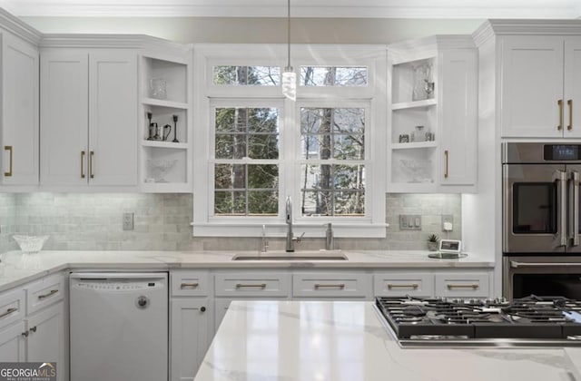 kitchen with a wealth of natural light, a sink, open shelves, and white dishwasher