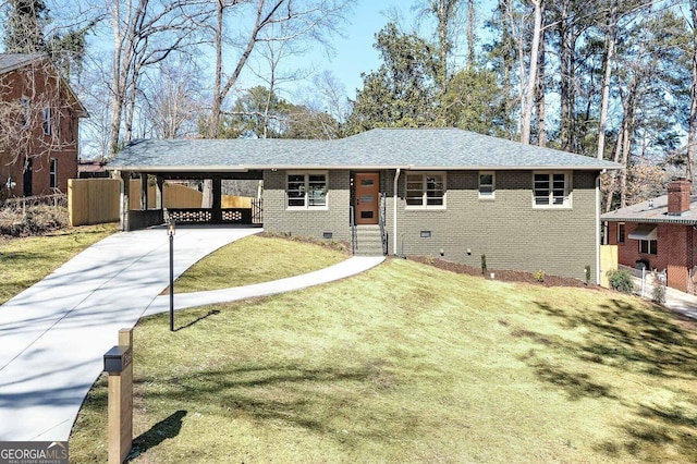 single story home featuring an attached carport, a front yard, fence, driveway, and brick siding