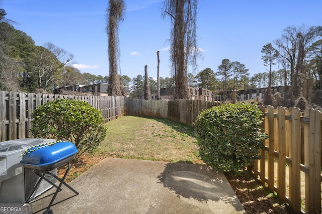 view of yard with a patio area and a fenced backyard