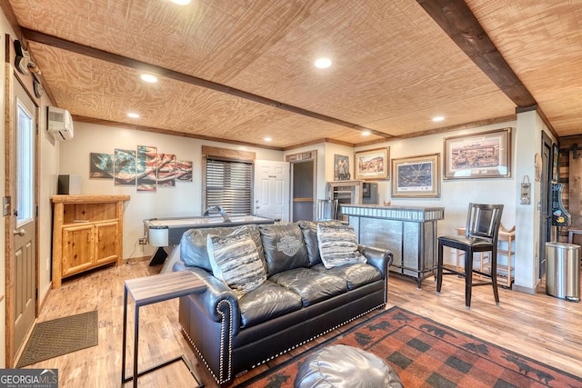 living area with light wood-style floors, wood ceiling, baseboards, and recessed lighting