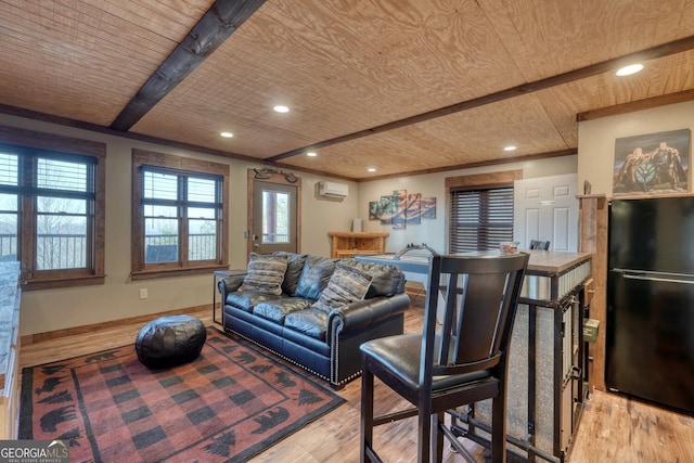 103 Wisteria Dr, Murphy, NC 28906 - living area with an AC wall unit, light wood-style flooring, recessed lighting, baseboards, and wood ceiling