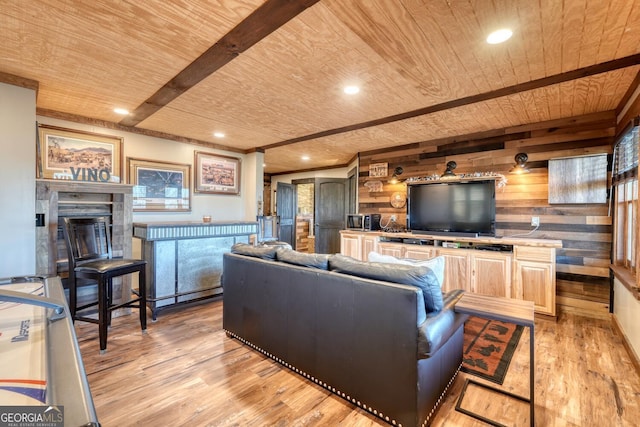 103 Wisteria Dr, Murphy, NC 28906 - living area with wood ceiling, light wood-style flooring, wooden walls, and recessed lighting