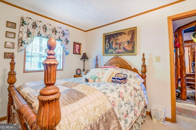 carpeted bedroom featuring baseboards and crown molding