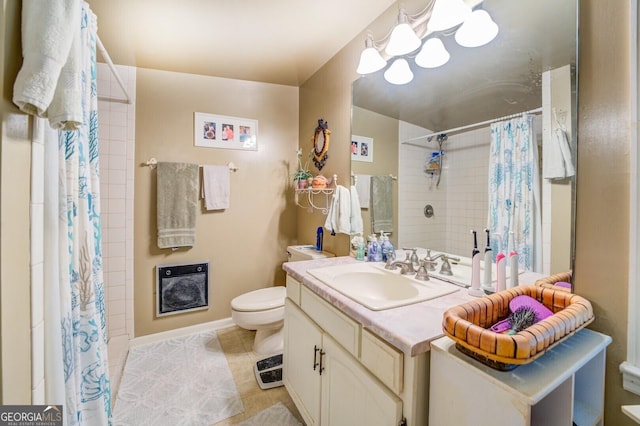 bathroom with heating unit, toilet, tile patterned floors, vanity, and a shower with curtain