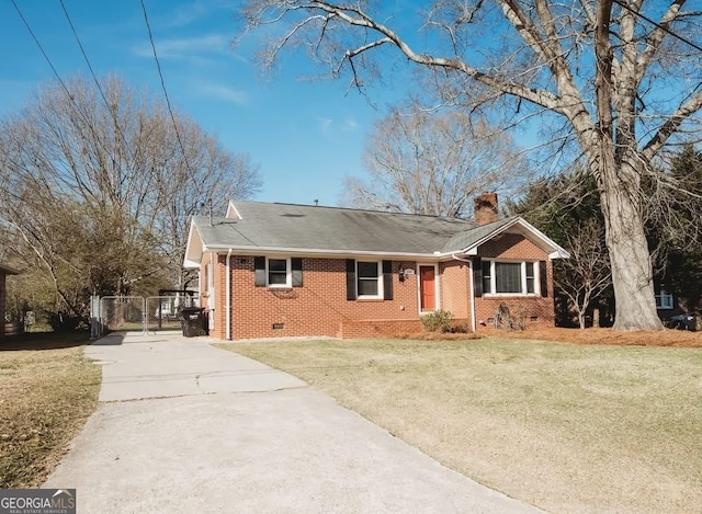 single story home with a front yard, crawl space, driveway, and a chimney