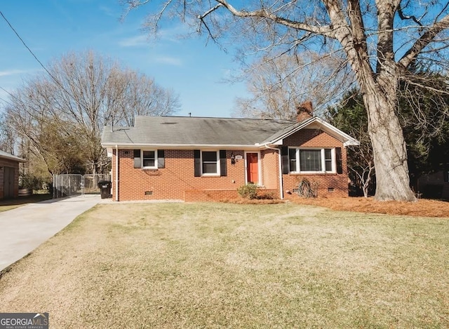 single story home with crawl space, driveway, a front lawn, and brick siding