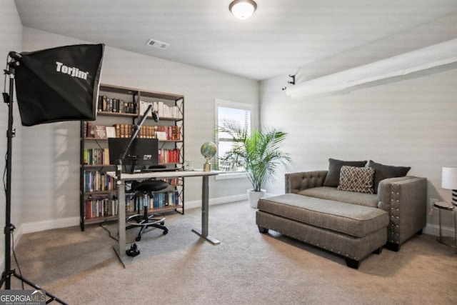 office featuring baseboards, visible vents, and carpet flooring