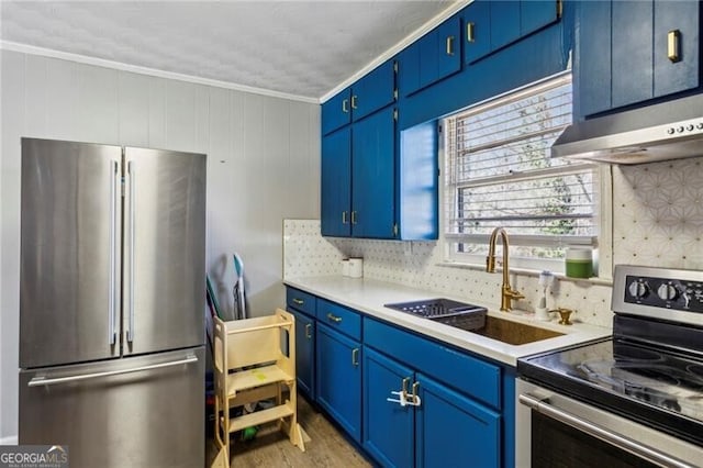 kitchen with decorative backsplash, ornamental molding, stainless steel appliances, blue cabinetry, and a sink