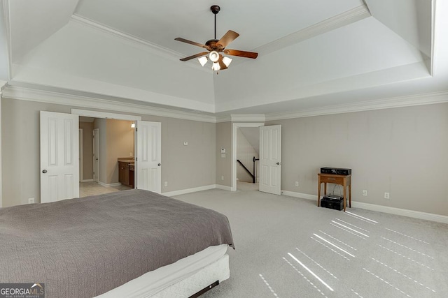 bedroom featuring ornamental molding and light carpet