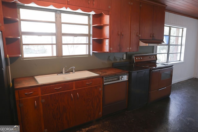 kitchen featuring dishwashing machine, range hood, open shelves, a sink, and range with electric stovetop