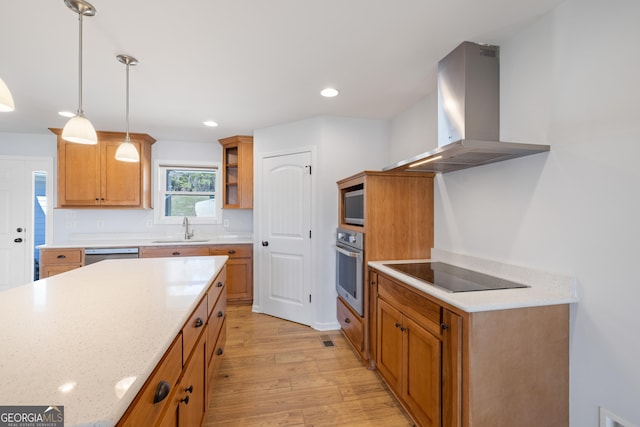 kitchen featuring light wood finished floors, open shelves, stainless steel appliances, a sink, and exhaust hood