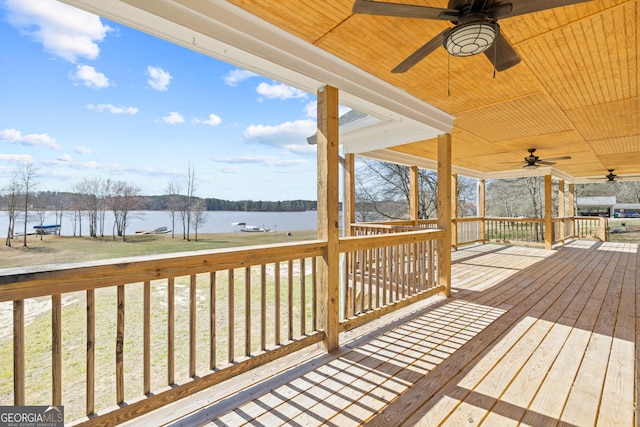 wooden deck featuring a water view and a ceiling fan